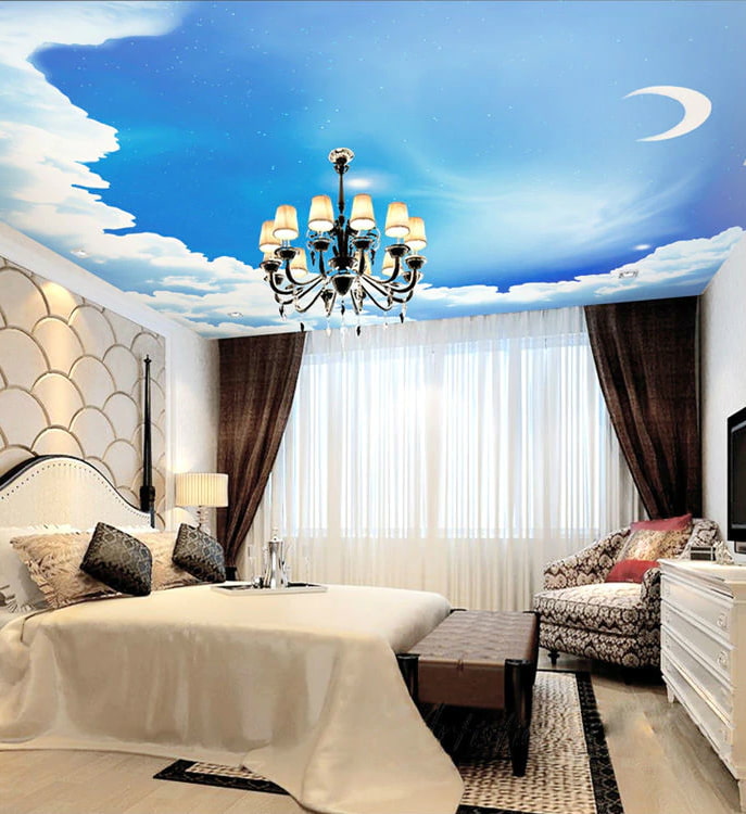 потолок с изображением неба в спальне