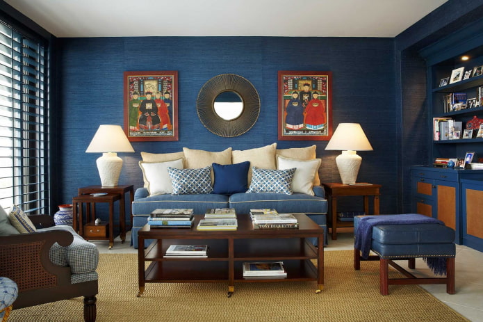 стены синего цвета в интерьере гостиной