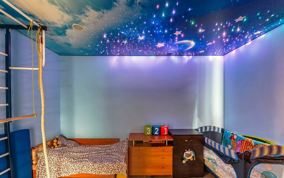 Детская комната с потолком звездное небо