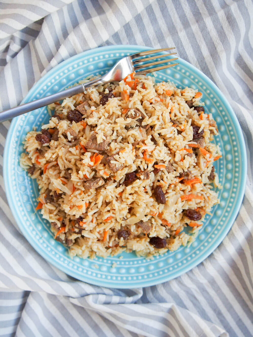 lamb pilaf on plate from overhead