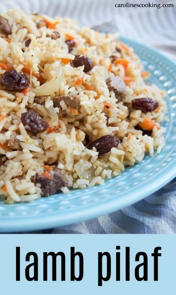 This delicious lamb pilaf, based on the traditional Afghan/Uzbek dish, is an easy, one pot meal but packed with flavor. Great for leftover roast lamb too. #lambpilaf #leftoverlamb #lambandrice