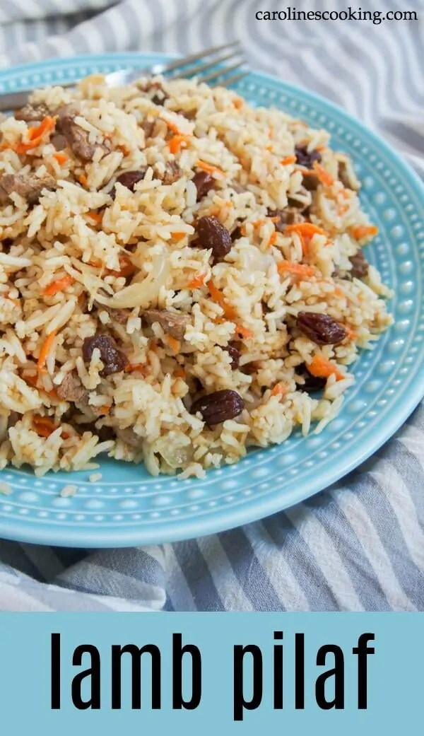 This delicious lamb pilaf, based on the traditional Afghan/Uzbek dish, is an easy, one pot meal but packed with flavor. Great for leftover roast lamb. #lambpilaf #leftoverlamb #lambandrice