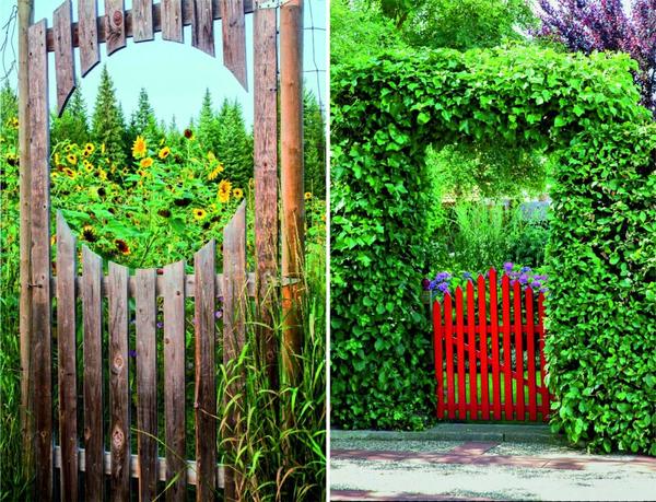 Слева: словно картинка выглядят подсолнечники, заглядывающие в круглое окошко садовой двери. Справа: красная деревянная калитка точно не останется без внимания.