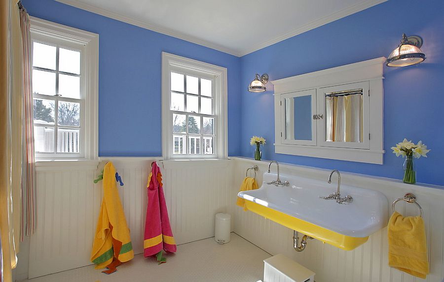 Голубой и жёлтый цвета в ванной - великолепное сочетание: потрясающий дизайн