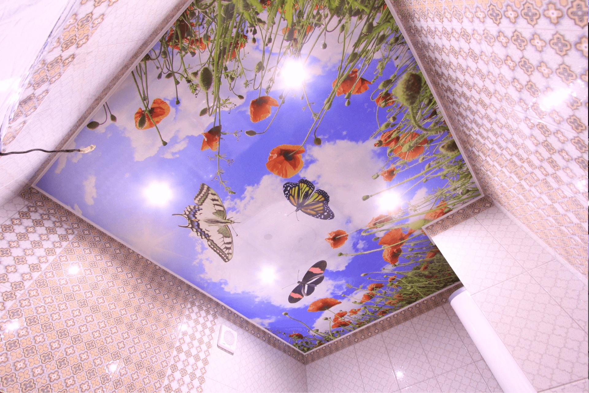 Натяжной потолок с фотопечатью бабочки в поле в ванной