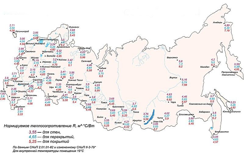 Карта-схема с нормированными значениями термического сопротивления строительных конструкций