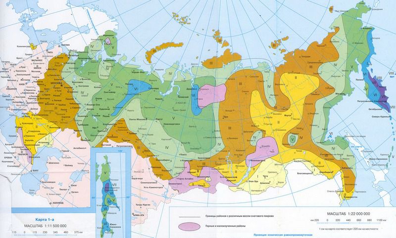 Карта-схема для определения своей зоны по уровню снеговой нагрузки