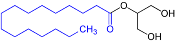 Monoglyceride of a fatty acid, in this example with a saturated fatty acid residue (blue marked).