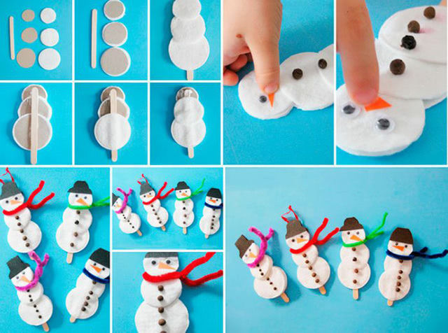 Елочная игрушка Снеговик из ватных дисков и палочек от мороженого-1