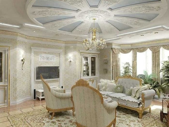 классическое декорирование потолка принтом