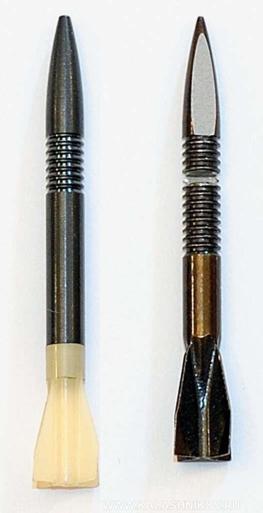 Металлическая стреловидная пуля (справа) и пуля с пластмассовым оперением. Иллюстрация к статье в журнале «КАЛАШНИКОВ»